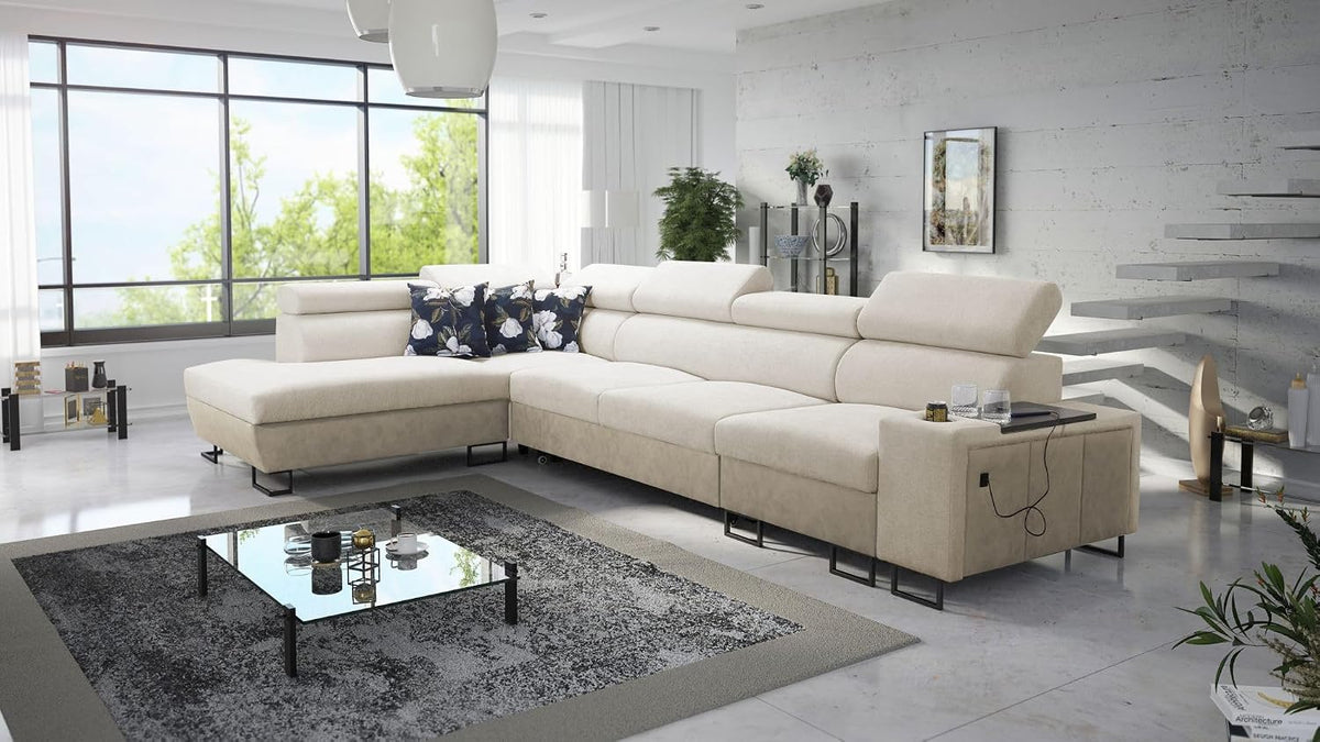 Sofa All4All, 350x220 cm, Beige, Eck Melani XI Mini - Schlaffunktion - Bettkasten - L-Form
