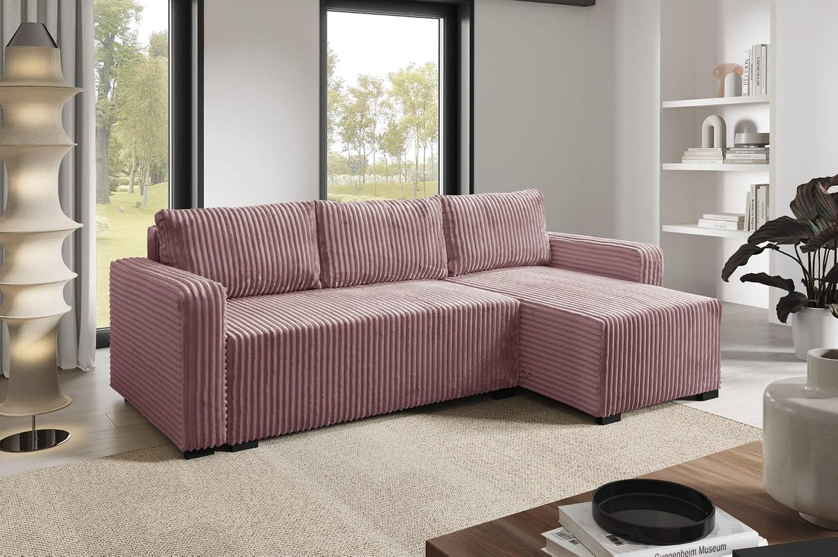 Sofa LIKMA, 232x145 cm, 200x140 cm, Rosa, Schmutziges Eck Cord Tilia mit Schlaffunktion Eckcouch