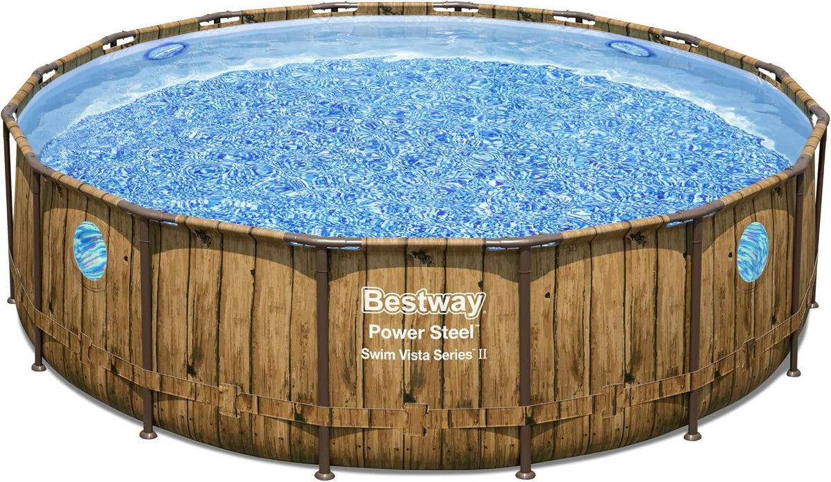 Bestway Stahlrahmenpool, 488 x 122 cm, Holzoptik/Braun/Blau, Power Steel Swim Vista Series Ersatz Frame Pool Ø