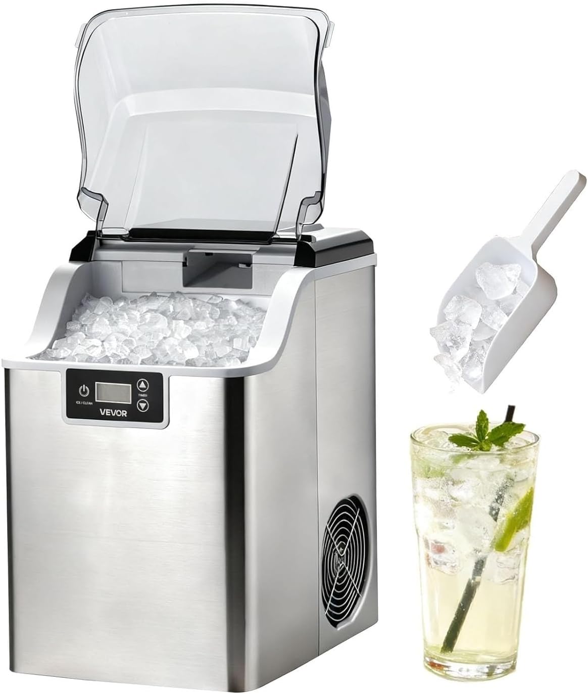 Eiswürfelmaschine, 1,8 kg, 35 kg, Grau, Generisch Tisch-Eiswürfelbereiter, selbstreinigende mit Aufbewahrungskorb