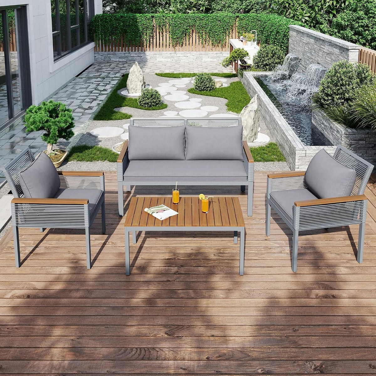 Sofa Oxtao, Grau, Gartenmöbel Sitzgruppe Set aus Rattan für Garten für 4, Outdoor Gartenmöbel-Set Essgruppe Lounge mit Tisch & Stühle