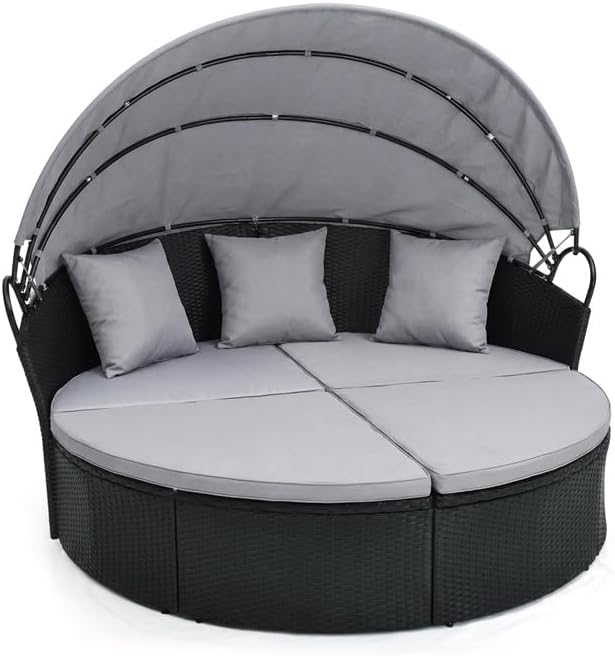 GIANTEX Sofa, 187 cm, Grau, Sonneninsel Liegeinsel mit Kissens, faltbarem Sonnendach, Rattan Lounge Gartenmuschel Outdoor