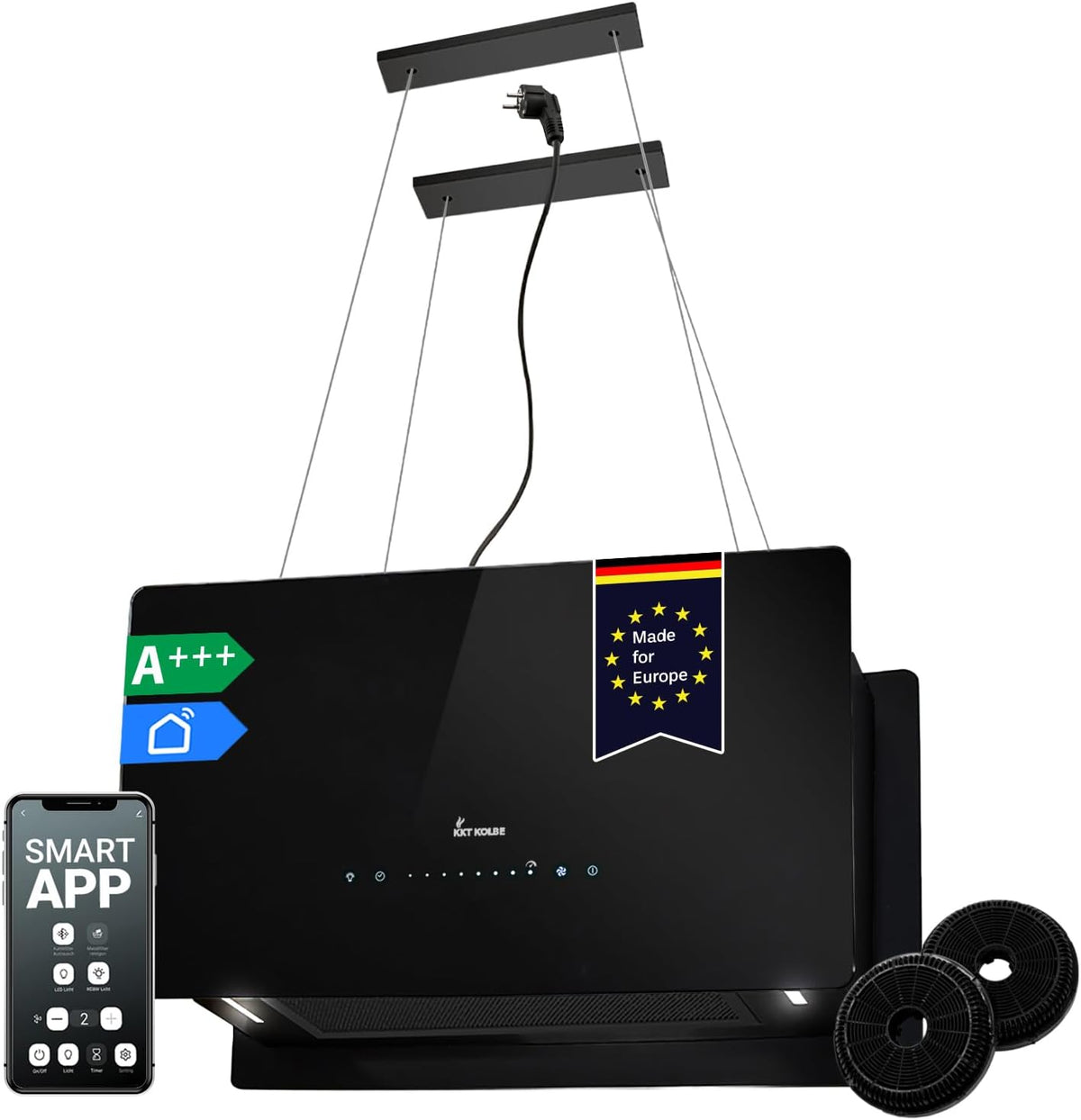 KKT KOLBE Dunstabzugshaube, 60 cm, Schwarz, A+++ 684 cbm/h Umluft, 9 Stufen, Smart WLAN WiFi App, Inselhaube freihängend
