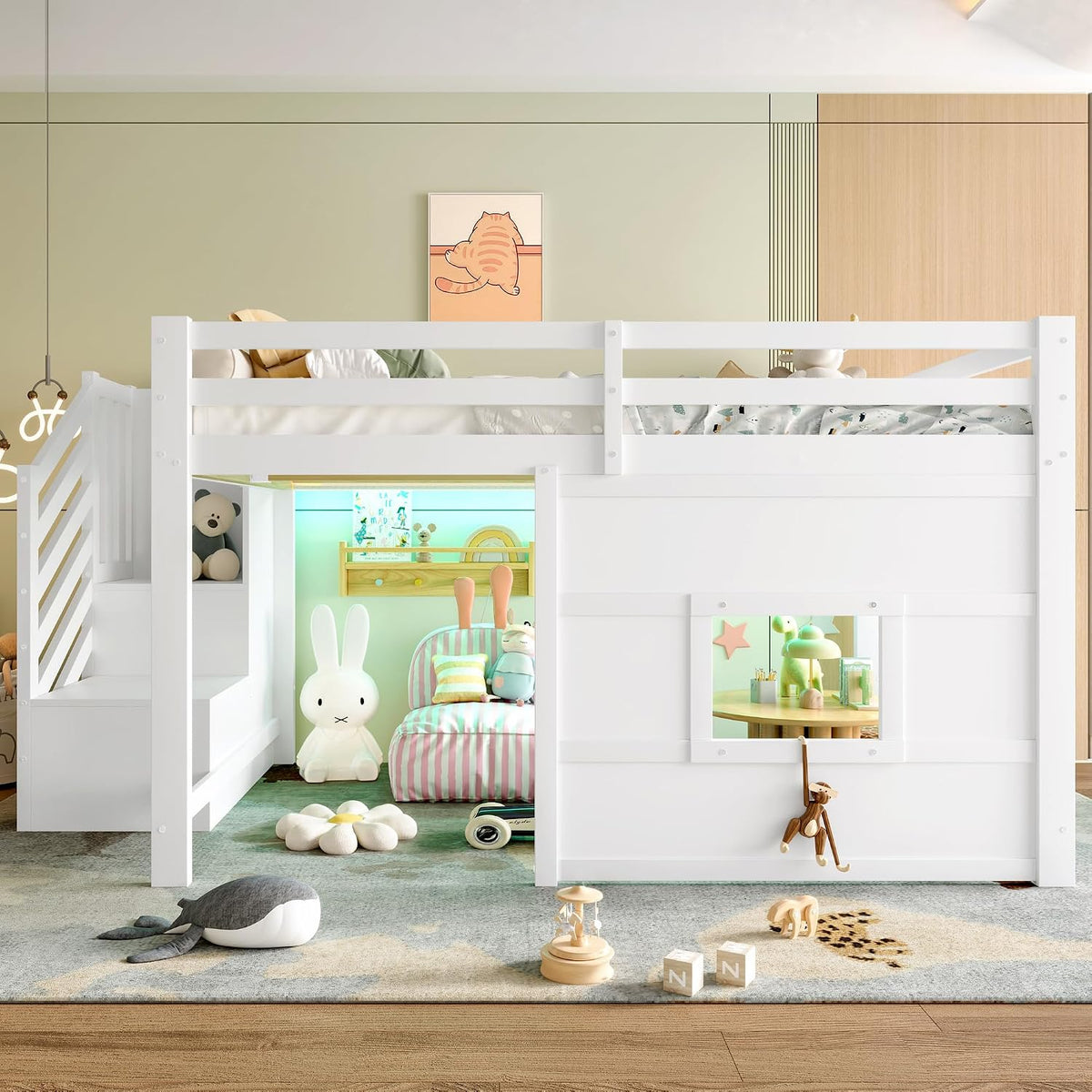 Jovify Bett, Weiß, Etagen 140x200 mit LED-Beleuchtung, Kinder Hoch mit Stauraum Treppe und Fenster, Ohne Matratze