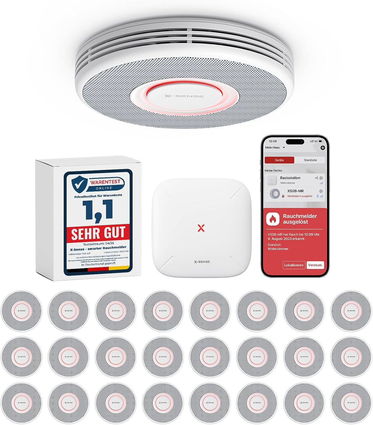 X-Sense Rauchmelder, 33 mm, Weiß/Grau, Smarter WLAN mit Sprachausgabe und 17 Standorten, Feuermelder, vernetzt