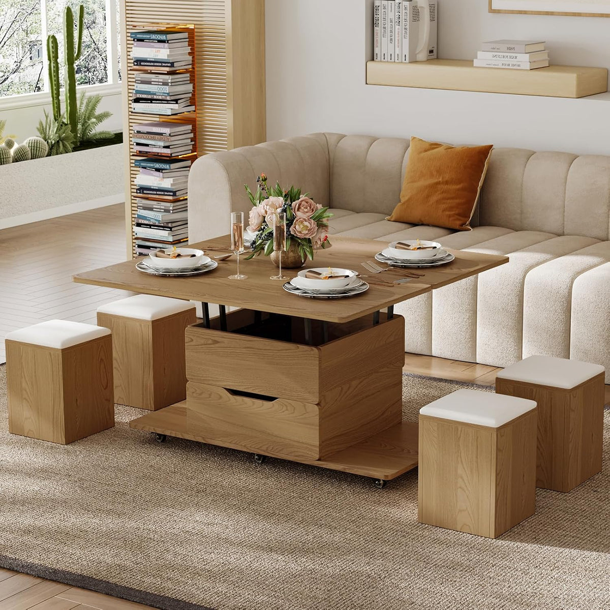 Homary Sofa, Holzfarbe/Beige, Höhenverstellbarer Couchtisch mit Stauraum und 4 Hockern &, Multifunktionaler Wohnzimmertisch für kleine Räume