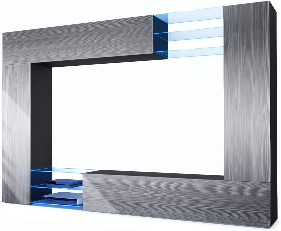 Wohnwand Vladon, 262 x 183 x 39 cm, Schwarz/Anthrazit, Mirage, Made in Germany, Anbauwand mit Rückwand mit 2 Türen