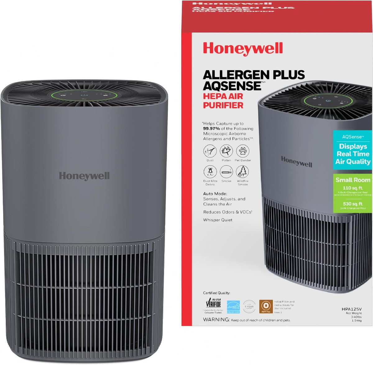 Honeywell Dunstabzugshaube, 530 m, Grau, Allergen Plus AQSense HEPA-Luftreiniger für Zuhause, Schlafzimmer und Haustiere