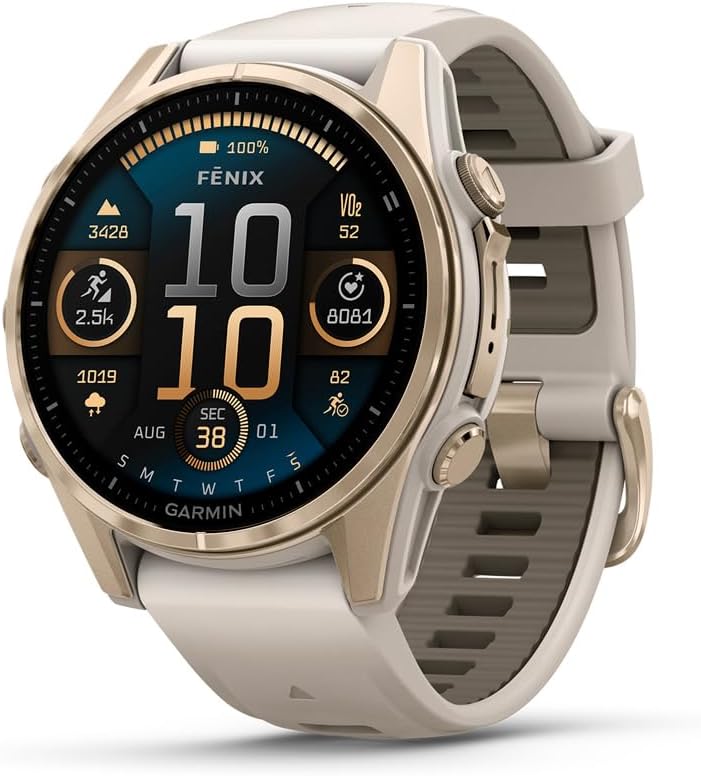 Garmin Smartwatch, 43 mm, Gold, fēnix 8-, AMOLED, Saphir, -Multisport-GPS-, langlebige Akkulaufzeit, Tauchklasse