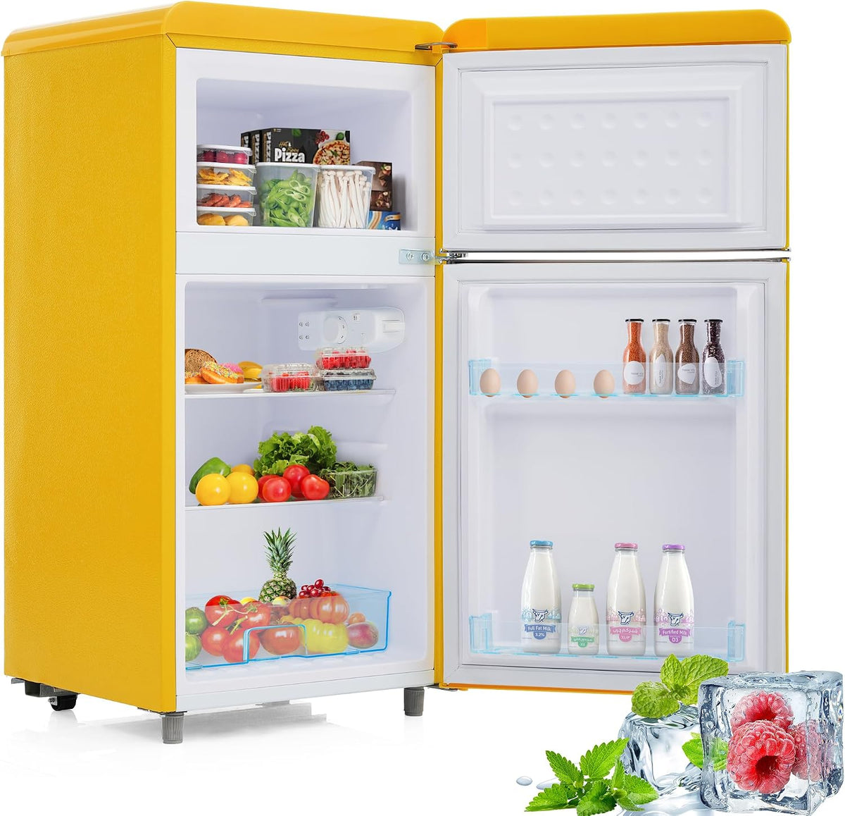 Merax Kühlschrank, 72 L, 21 L, Gelb, Retro Doppeltür- : Stilvoll, energiesparend mit und Volumen, LED-Licht