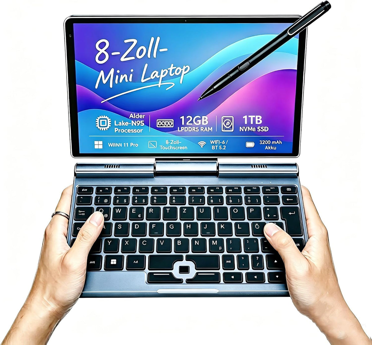 KOOFORWAY Laptop, Weiß, 8-Zoll 2-in-1 Mini- mit QWERTZ-Tastatur, drehbarem HD-Touchscreen