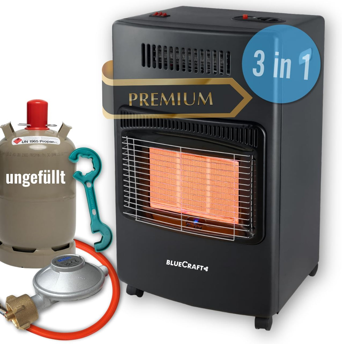 Bluecraft Propan-Raumheizgeräte, 1,55–4,2 kW (50 mbar), Schwarz, 3-in-1 Gas-Ofen & Elektroheizung