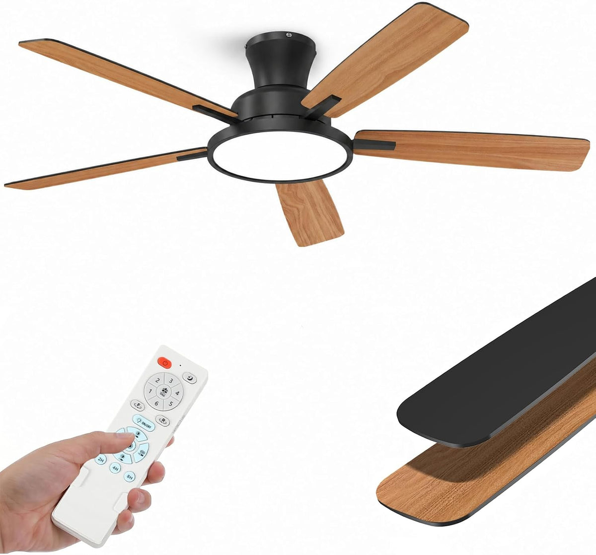Taloya Deckenventilator, 132 cm, Schwarz, mit Beleuchtung und Fernbedienung, Leise DC Motor, LED Lampe Dimmbar 3000-6500K