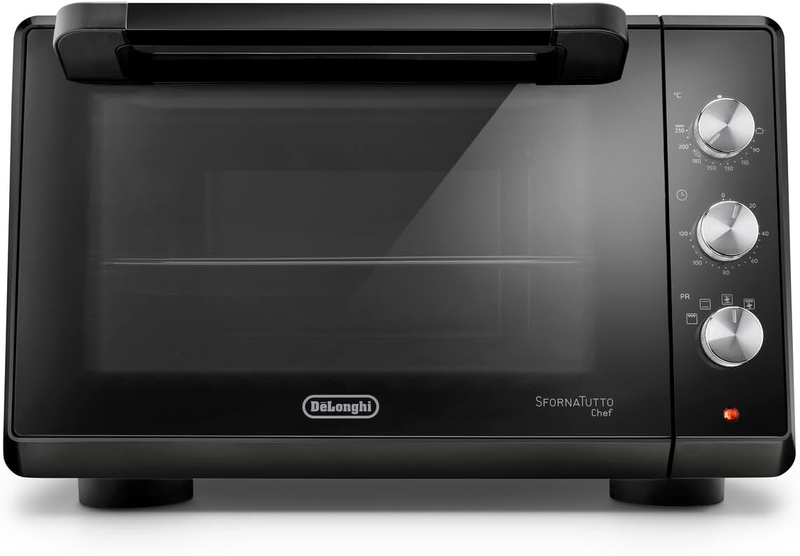 De'Longhi Mini-Öfen, 120 Zoll, 2000 W, 34 l, Schwarz, Chef EO34302 Elektrischer Umluftofen mit 5 Kochstufen, doppelte Glastür