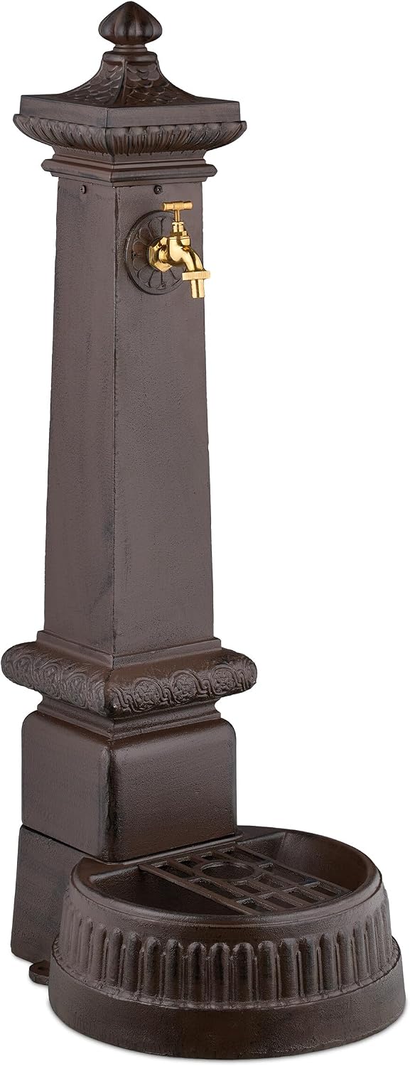 Relaxdays Brunnen & Kaskaden, 100x44,5x38 cm, braun, Standbrunnen antik, mit Wasserhahn & Becken, HxBxT:, Wasserzapfsäule Garten
