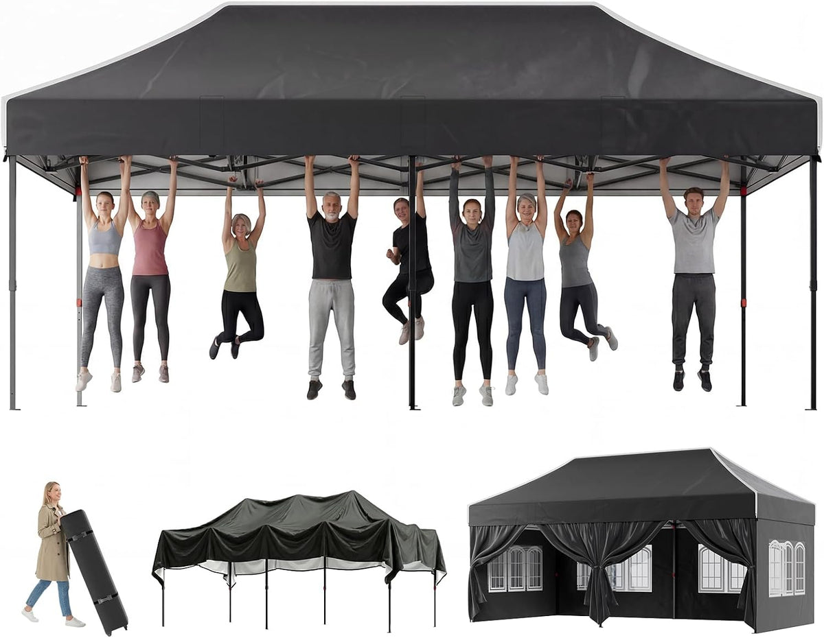 Devoko Pavillon, Schwarz, 3x6 Wasserdicht Stabil Winterfest, Steiler Giebel, Falt mit Seitenwänden, UV Schutz 50+