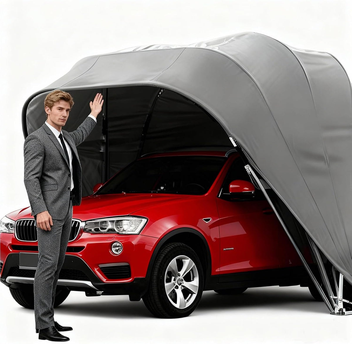 Laohucai Carports, 5m, Grau, Robustes Edelstahl-Carport, tragbare Metallgarage mit faltbarem, ausziehbarem Autodach
