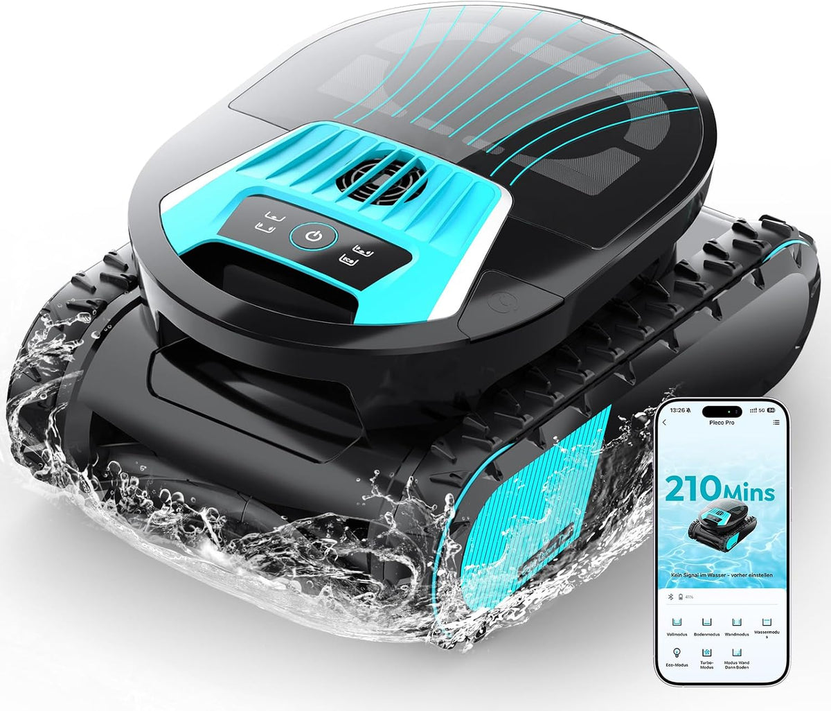 BRINBO Poolroboter, 200 m, Schwarz, Pleco Pro Akku Wand und Boden, Wasserlinie, 210 Min. Betriebszeit, Doppel-Filtration