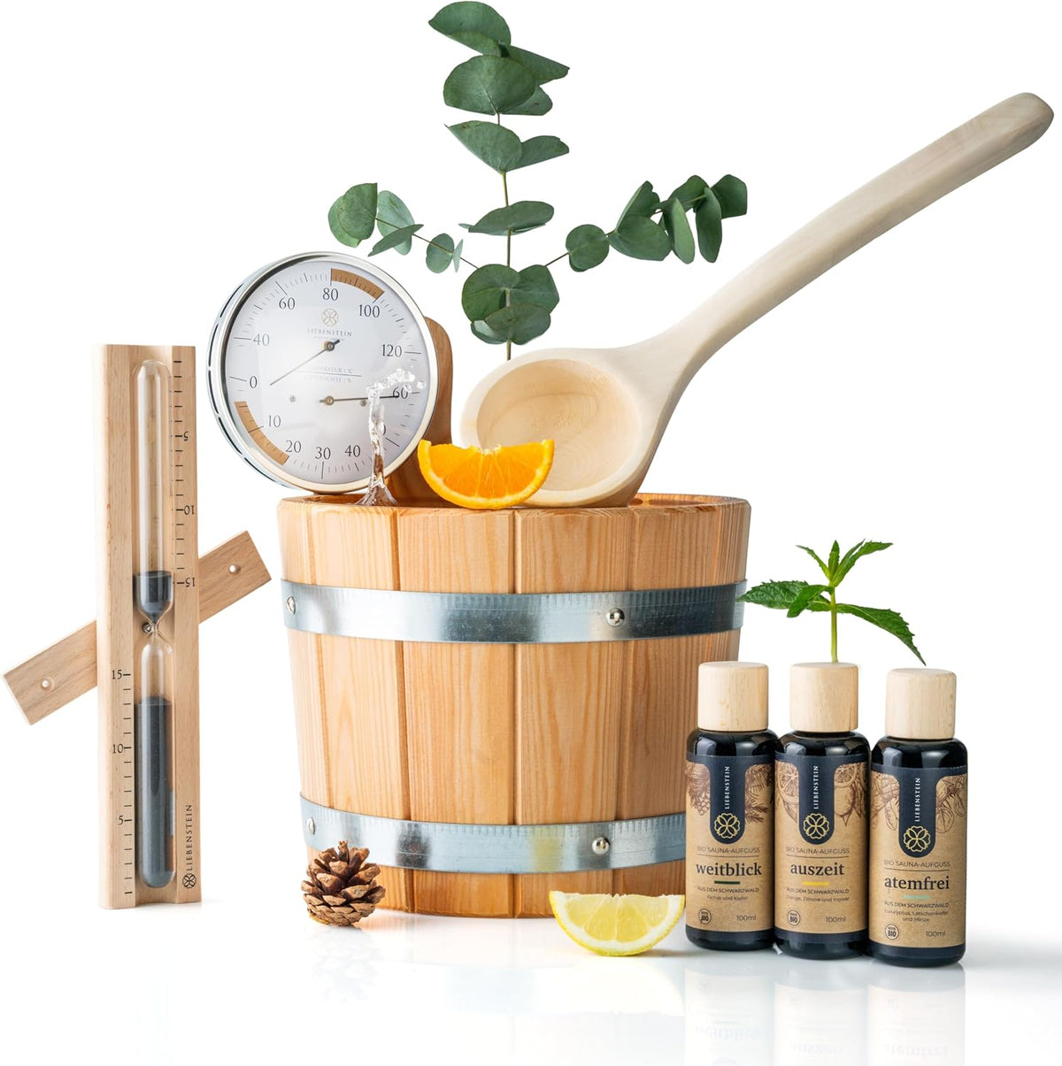 Liebenstein Sets, 5 L, Holz/Metall/Silber/Schwarz, Sauna Set - 4 teiliges 'Komplettset', Enthält Sauna Eimer mit Kelle [ ]