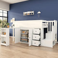 Jovify Bett, Weiß, Kinder 90x200, Hoch mit Schreibtisch, Schubladen, Stauschrank und Treppe, Holz mit Rausfallschutz&Lattenrost