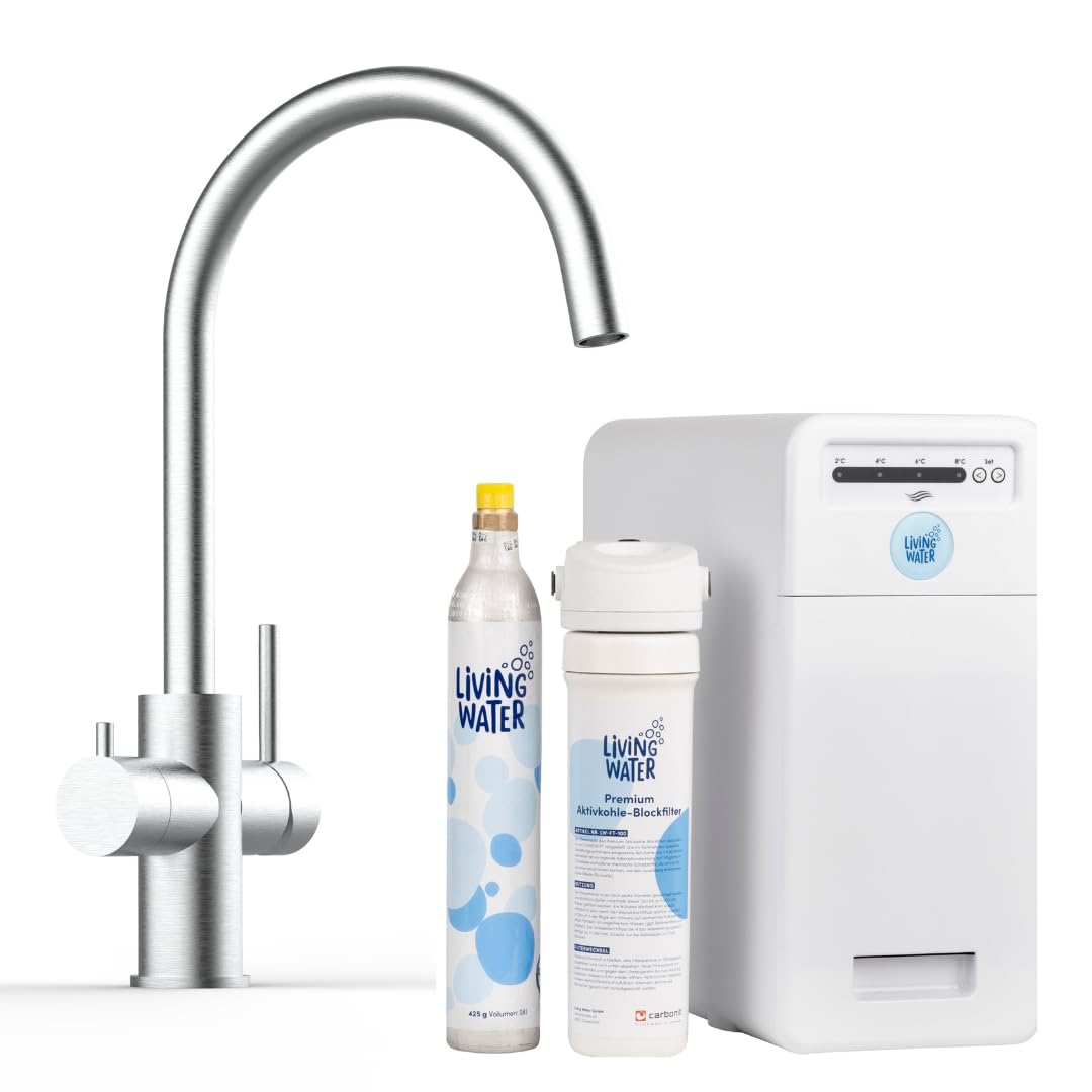 LiViNG WATER Filterkannen, Silber, Sprudel-Wasserhahn mit Kohlensäure, Untertisch-Trinkwassersystem mit 5-Wege-Edelstahl-Armatur