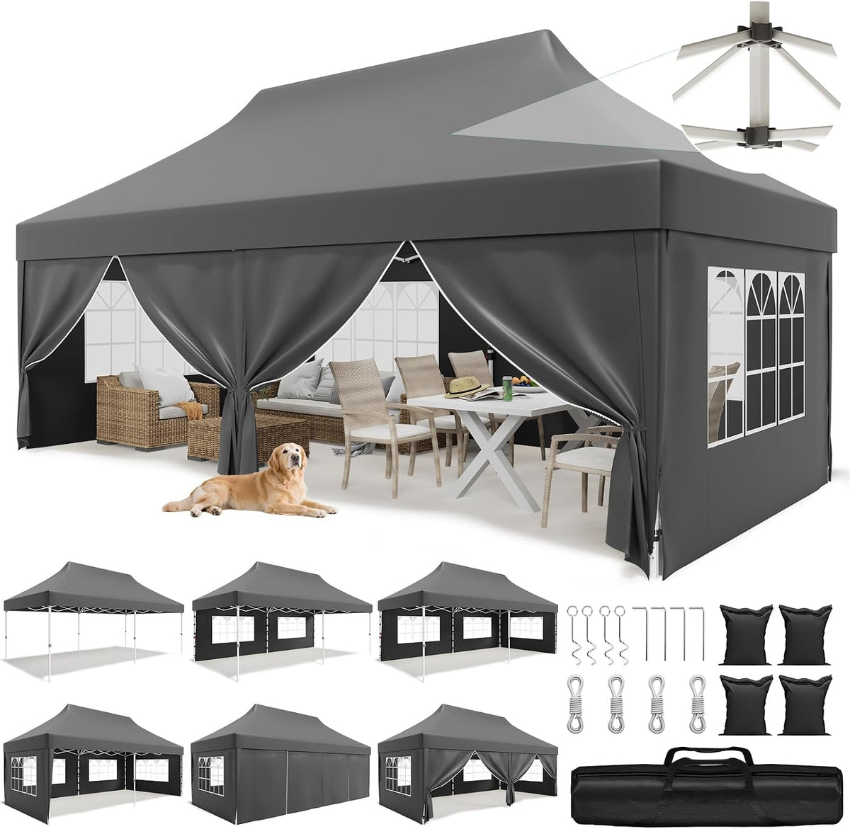 JUMMICO Pavillon, Grau, Falt 3x6 mit Hoher Spitze, um 60% Verbesserte Regenschutzleistung. UV 50+, 3x6 Wasserdicht Stabil Winterfest