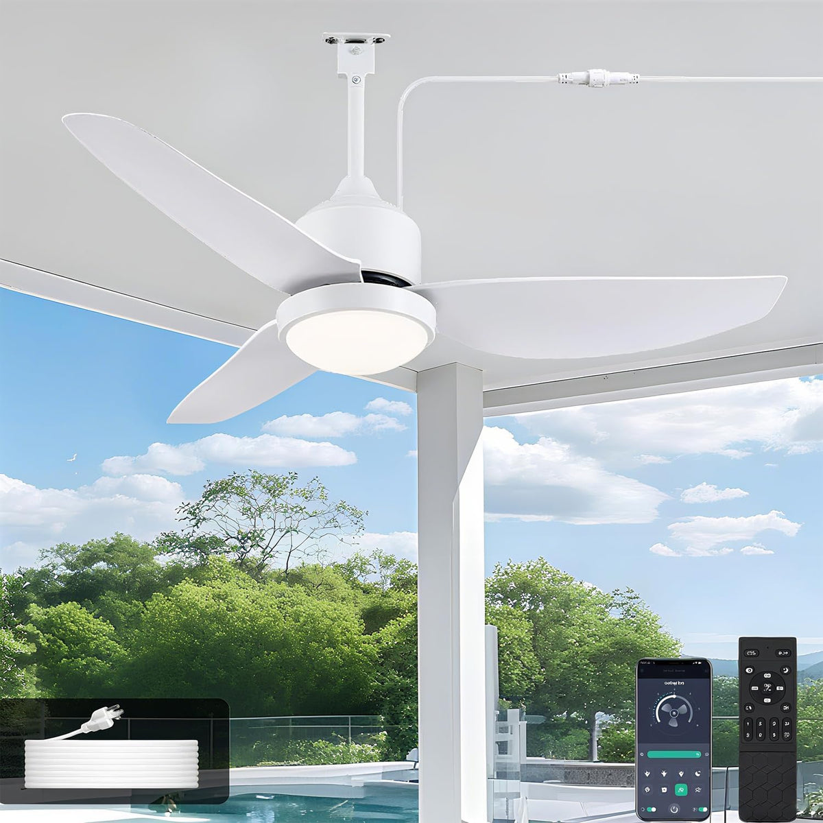 TRUYOK Pavillon, Φ106 * 15/25 CM, Weiß, 106CM Außen Deckenventilator mit Beleuchtung IP65 Outdoor