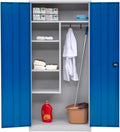 furni24 Staubsauger, 92x195x42 cm, Grau, Metall Putzmittelschrank, Wäscheschrank aus Stahl mit blauen Türen