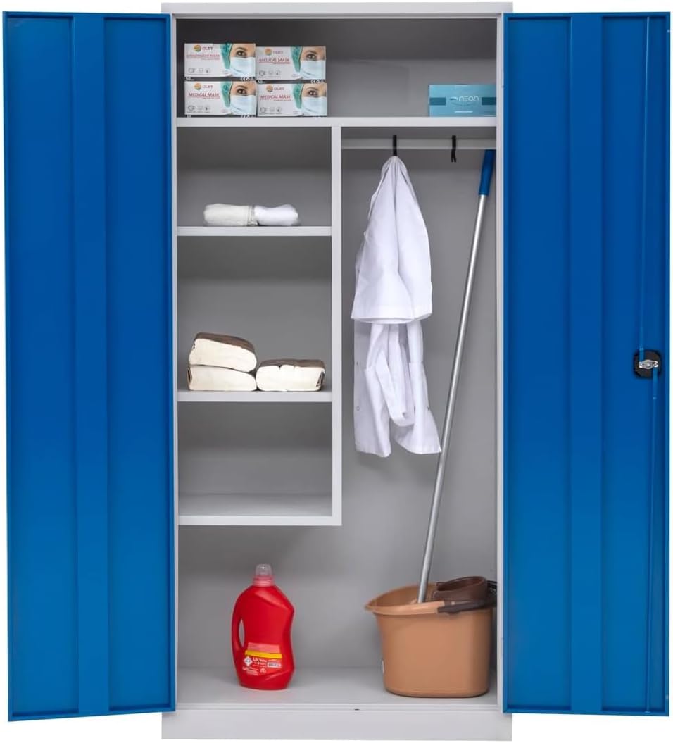 furni24 Staubsauger, 92x195x42 cm, Grau, Metall Putzmittelschrank, Wäscheschrank aus Stahl mit blauen Türen