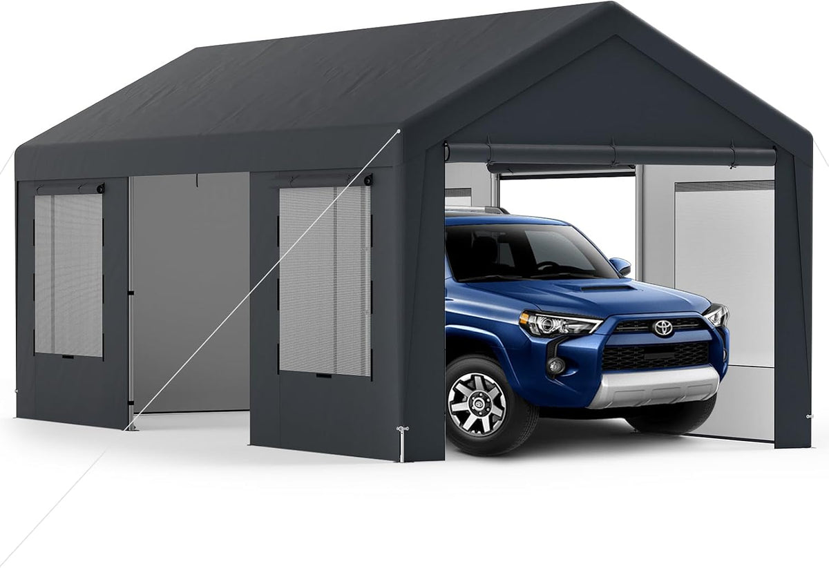 SOARS Gerätehaus, Anthrazit, Zeltgarage, Garagenzelt 300 x 595 x 280, Lagerzelt Carport mit 8 abnehmbaren Seitenwänden