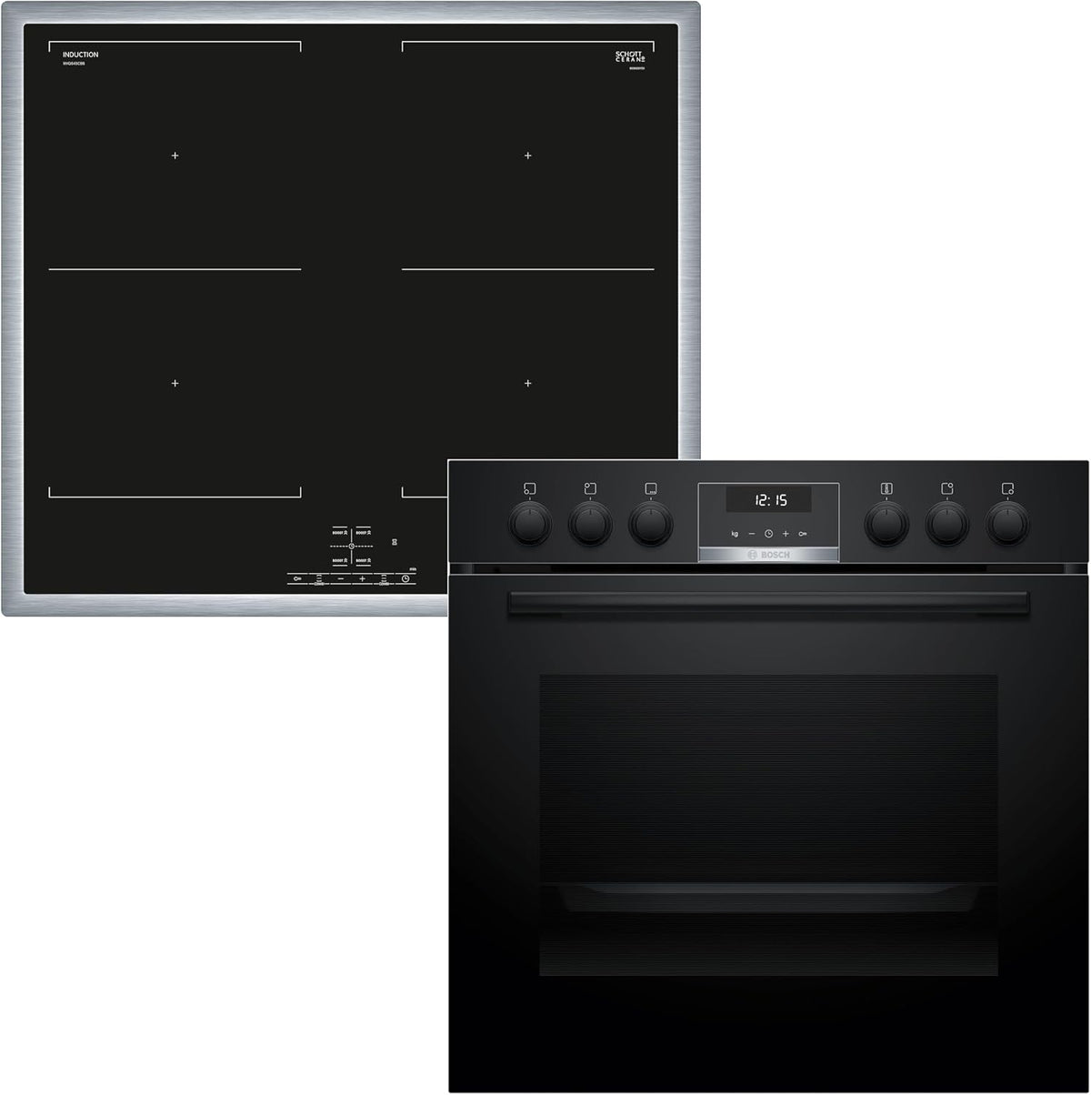 Bosch Kochfeld, 60 x 60 cm, Schwarz, HND617LS62 Einbauherd-Set, Bestehend aus HEG517BB4 Herd, 3D Heißluft, Hydrolyse