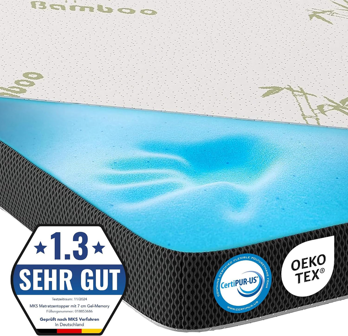 MKS Matratze, 180x200 cm, 7 cm, Blau/Schwarz/Weiß, . Gel Topper, H3 ntopper mit Gel-Memory-Schaum, KomfortKissen nauflage mit 3D-Luftstrom