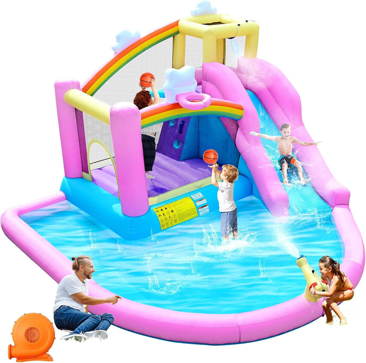 DIYJOTOFUN Hüpfburgen, 365x390x238 cm, Rosa/Blau/Gelb, Aufblasbare Hüpfburg mit Wasserrutsche Kletterwand